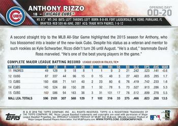 2016 Topps Opening Day #OD-20 Anthony Rizzo Back