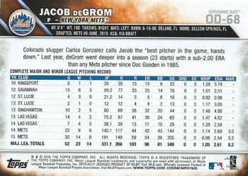 2016 Topps Opening Day #OD-68 Jacob deGrom Back
