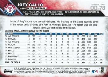 2016 Topps Opening Day #OD-78 Joey Gallo Back