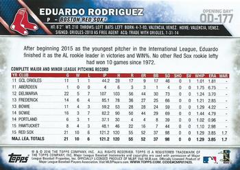 2016 Topps Opening Day #OD-177 Eduardo Rodriguez Back