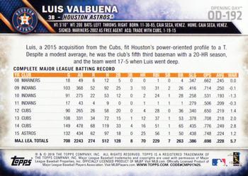 2016 Topps Opening Day #OD-192 Luis Valbuena Back