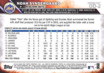2016 Topps Opening Day #OD-2 Noah Syndergaard Back