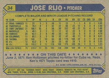 1987 Topps #34 Jose Rijo Back