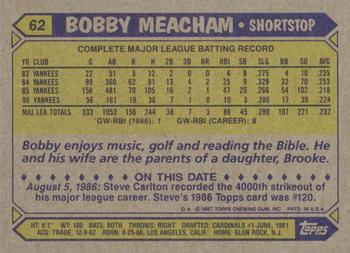 1987 Topps #62 Bobby Meacham Back