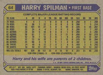 1987 Topps #64 Harry Spilman Back
