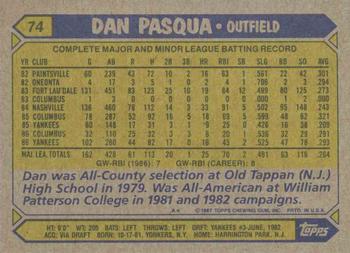 1987 Topps #74 Dan Pasqua Back