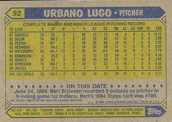 1987 Topps #92 Urbano Lugo Back