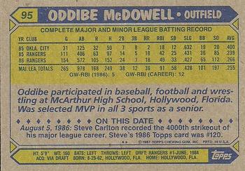 1987 Topps #95 Oddibe McDowell Back