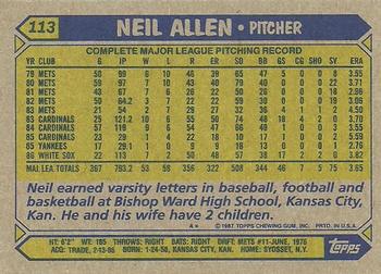1987 Topps #113 Neil Allen Back