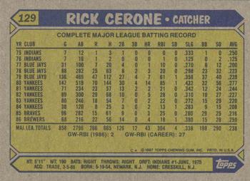 1987 Topps #129 Rick Cerone Back