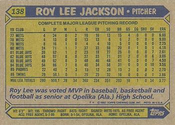 1987 Topps #138 Roy Lee Jackson Back