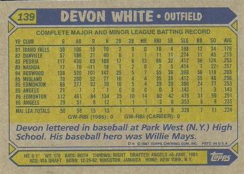 1987 Topps #139 Devon White Back