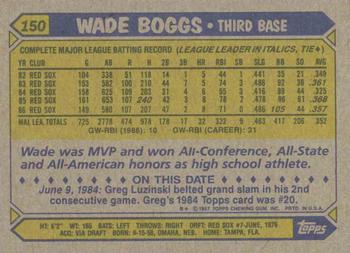 1987 Topps #150 Wade Boggs Back