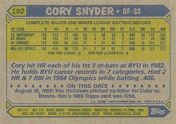 1987 Topps #192 Cory Snyder Back