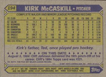 1987 Topps #194 Kirk McCaskill Back