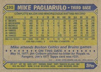 1987 Topps #195 Mike Pagliarulo Back