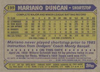 1987 Topps #199 Mariano Duncan Back