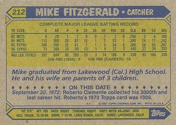 1987 Topps #212 Mike Fitzgerald Back