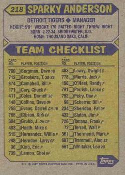 1987 Topps #218 Sparky Anderson Back
