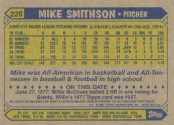 1987 Topps #225 Mike Smithson Back