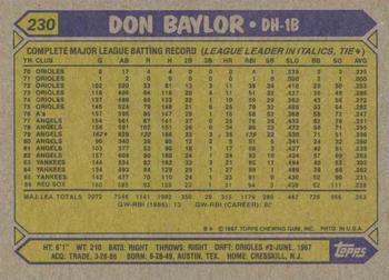 1987 Topps #230 Don Baylor Back