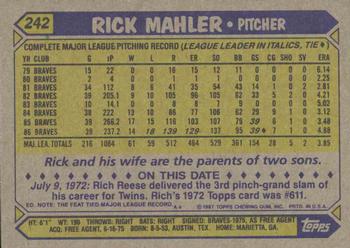 1987 Topps #242 Rick Mahler Back