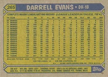 1987 Topps #265 Darrell Evans Back