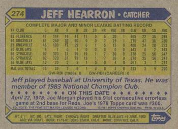 1987 Topps #274 Jeff Hearron Back
