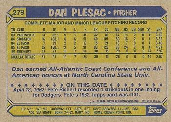 1987 Topps #279 Dan Plesac Back