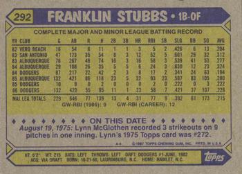 1987 Topps #292 Franklin Stubbs Back