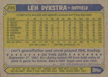 1987 Topps #295 Len Dykstra Back