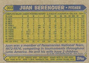 1987 Topps #303 Juan Berenguer Back