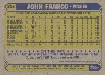 1987 Topps #305 John Franco Back