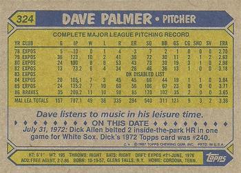 1987 Topps #324 Dave Palmer Back