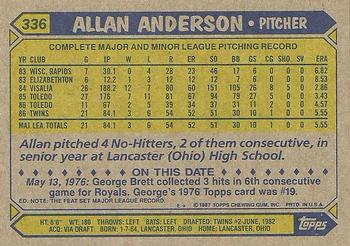 1987 Topps #336 Allan Anderson Back