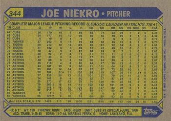 1987 Topps #344 Joe Niekro Back
