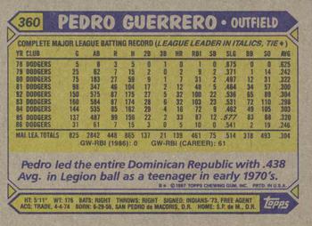 1987 Topps #360 Pedro Guerrero Back