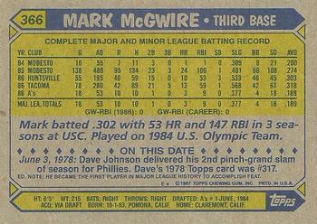 1987 Topps #366 Mark McGwire Back