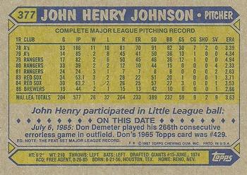 1987 Topps #377 John Henry Johnson Back