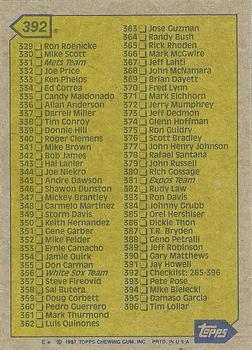 1987 Topps #392 Checklist: 265-396 Back