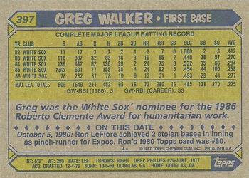 1987 Topps #397 Greg Walker Back