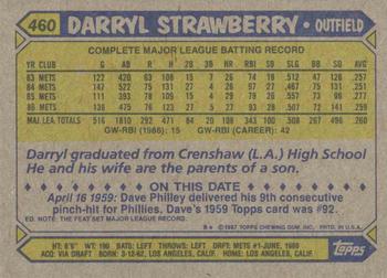 1987 Topps #460 Darryl Strawberry Back