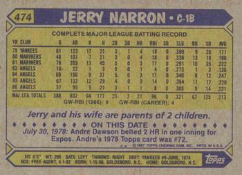 1987 Topps #474 Jerry Narron Back