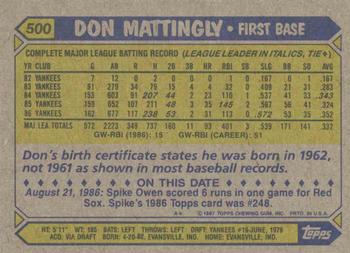 1987 Topps #500 Don Mattingly Back
