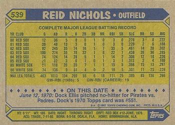 1987 Topps #539 Reid Nichols Back