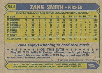 1987 Topps #544 Zane Smith Back