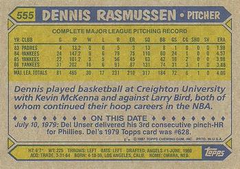 1987 Topps #555 Dennis Rasmussen Back