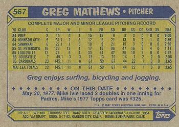 1987 Topps #567 Greg Mathews Back