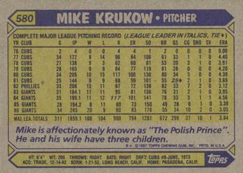 1987 Topps #580 Mike Krukow Back