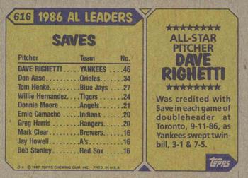 1987 Topps #616 Dave Righetti Back